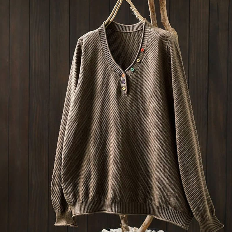 Buddha Stones Fall Colorful Buttons V-Neck Cotton Women's Long Sleeve Knitted Sweater