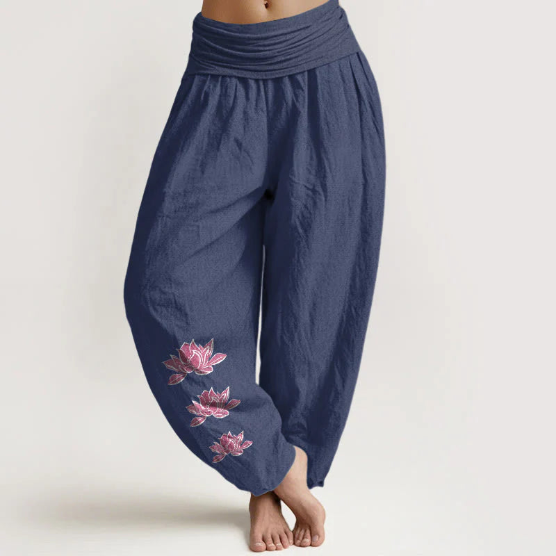 Buddha Stones Casual Lotus Pattern Pure Cotton Women's Elastic Waist Harem Pants
