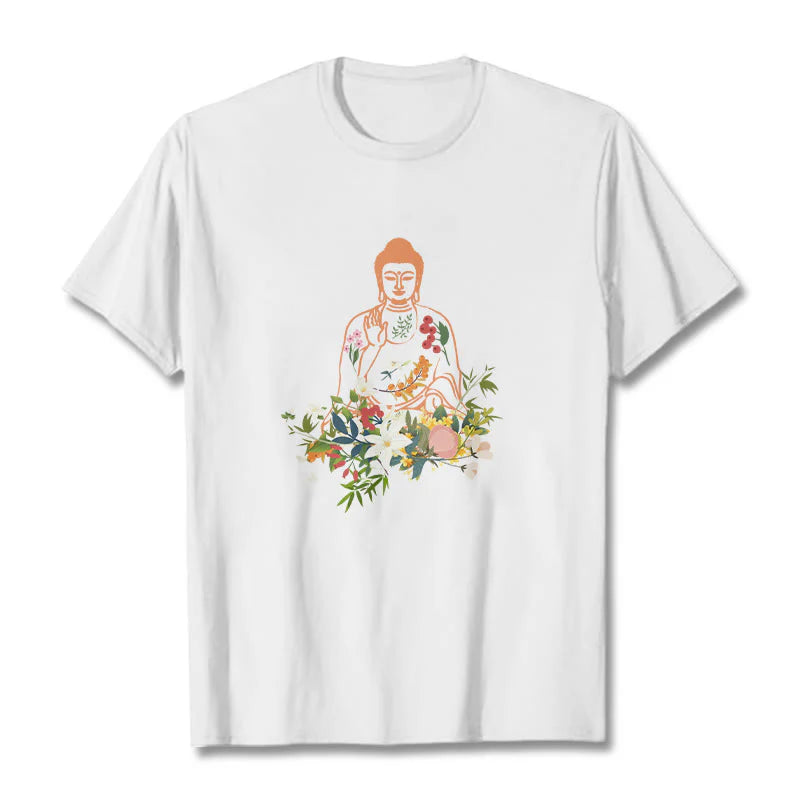 Buddha Stones Meditating Buddha Blooming Flowers Pattern Tee T-shirt