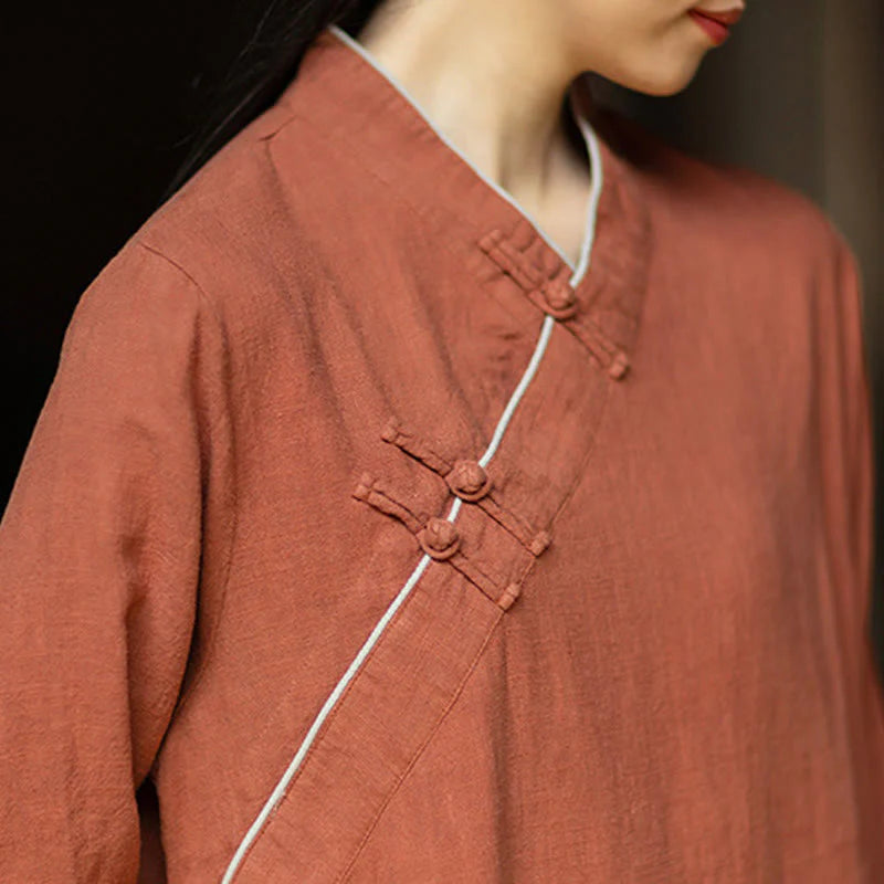 Buddha Stones Solid Frog-Button Long Sleeve Ramie Linen Midi Dress Cheongsam With Pockets