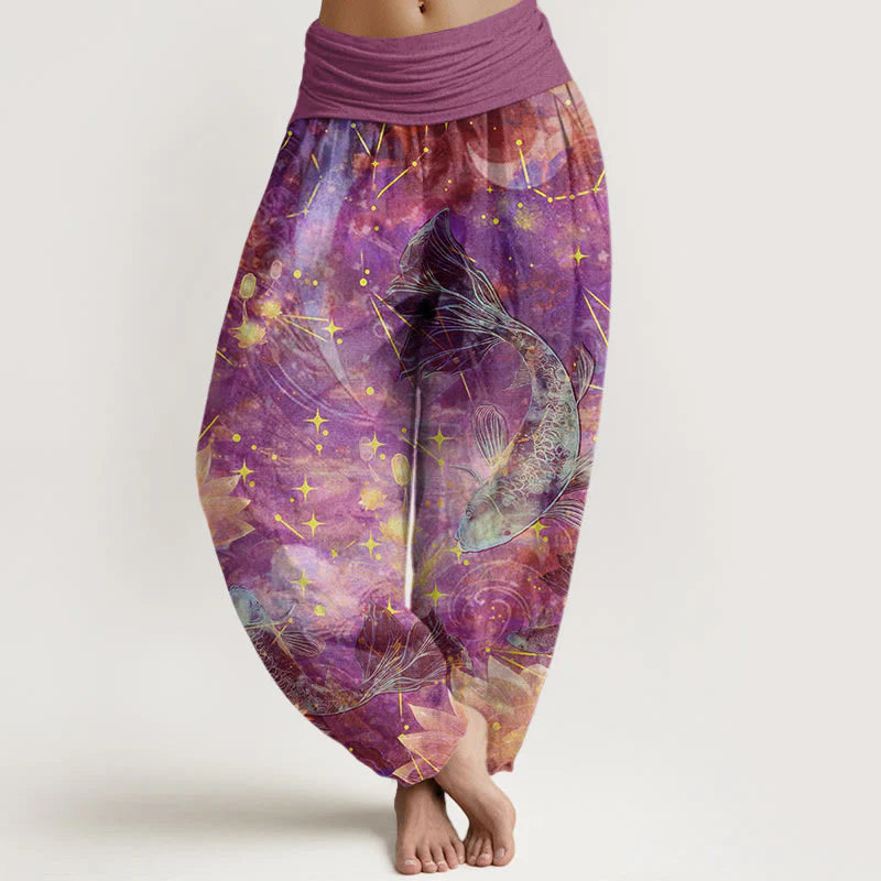 Buddha Stones Cotton Koi Fish Lotus Moon Stars Pattern Women's Elastic Waist Harem Pants