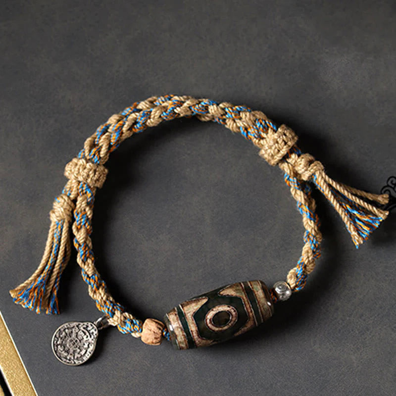 Buddha Stones Handmade Tibetan Dzi Bead Wealth Protection Braided String Bracelet