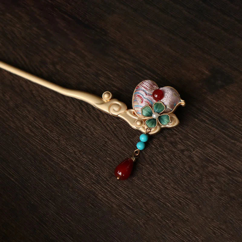 Buddha Stones Gourd Flower Pattern Red Agate Copper Calm Hairpin