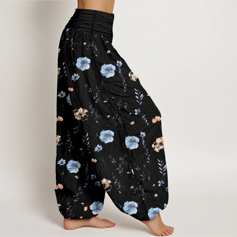 Buddha Stones Cotton Fresh Refined Flower Pattern Women's Elastic Waist Harem Pants