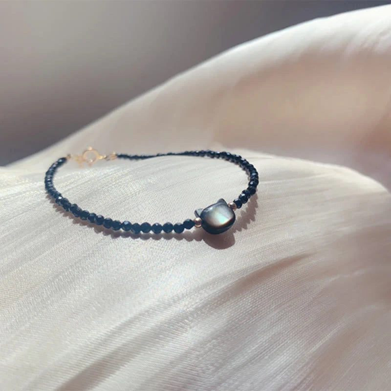 Buddha Stones 14K Gold Plated Black Spinel White Crystal Cute Cat Tridacna Stone Healing Bracelet