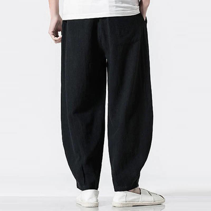 Buddha Stones Drawstring Elastic Waist Ankle-Length Men's Cotton Pants With Pockets