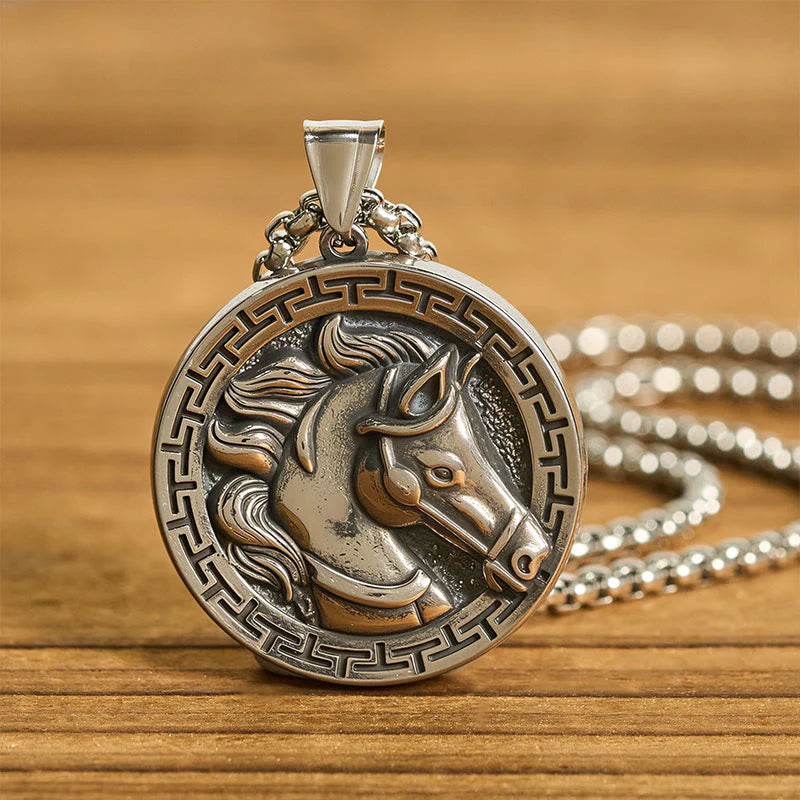 Buddha Stones Year Of The Horse Titanium Steel Balance Necklace Pendants