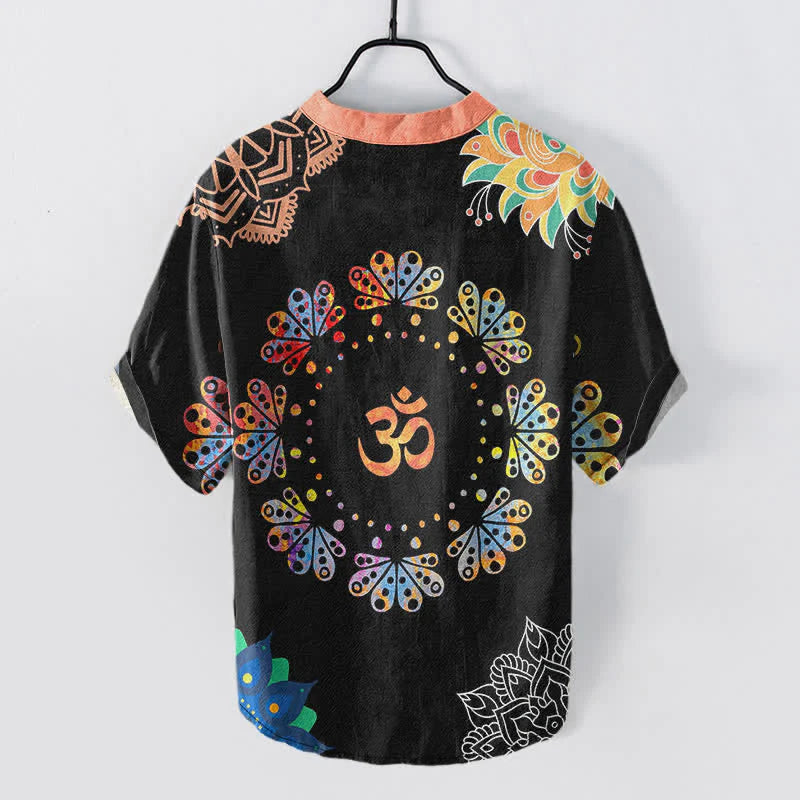 Buddha Stones Cotton Om Lotus Mandala Peacock Emblem Men's Short Sleeve Half Button Shirt