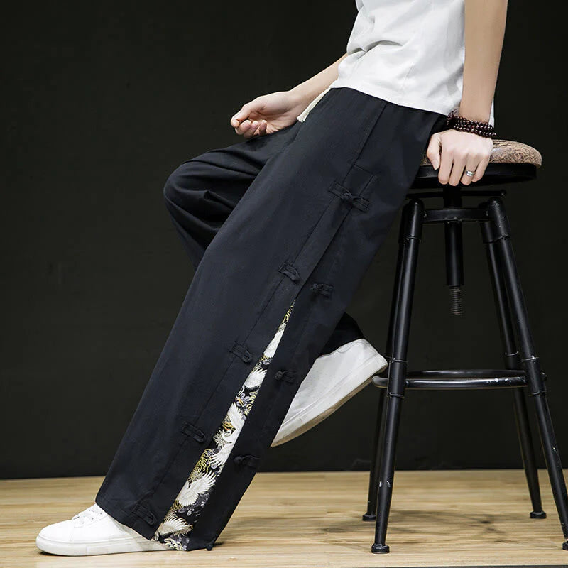 Buddha Stones Casual Patchwork Crane Pattern Frog-Button Design Men's Wide Leg Pants With Pockets