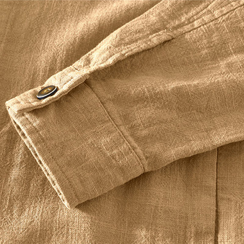 Buddha Stones Commute Plain Simple Buttons Design Men's Long Sleeve Ramie Linen Jacket With Pockets