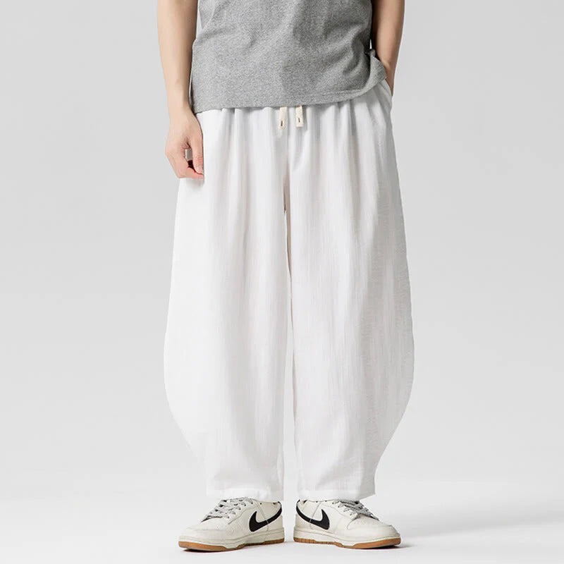 Buddha Stones Summer Pure Color Drawstring Men's Cotton Ankle-Length Pants With Pockets