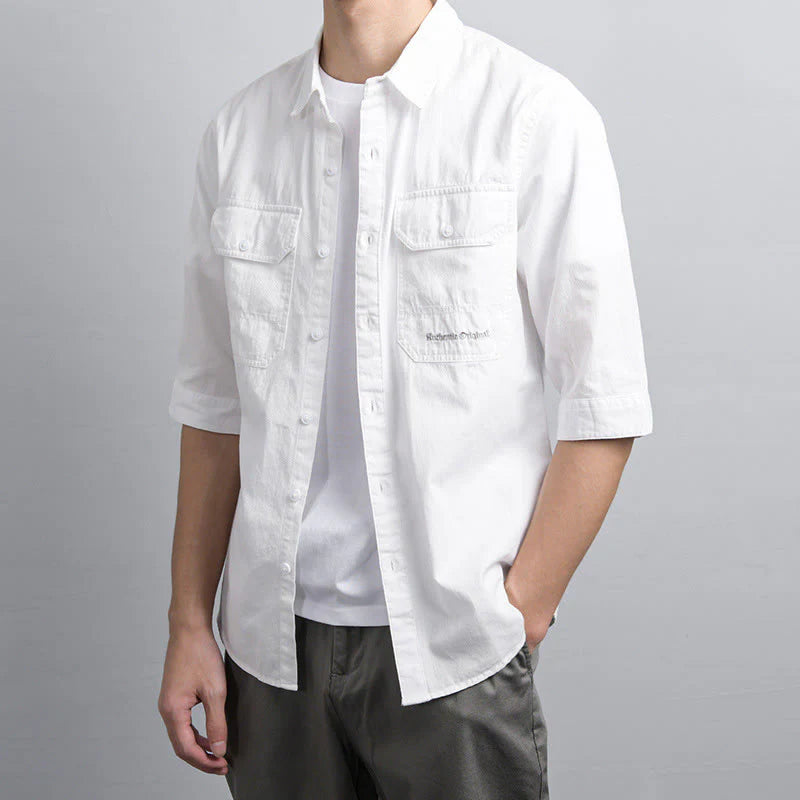 Buddha Stones Summer Buttons Down Two Decorative Pockets Men's Half Sleeve Cotton Shirt