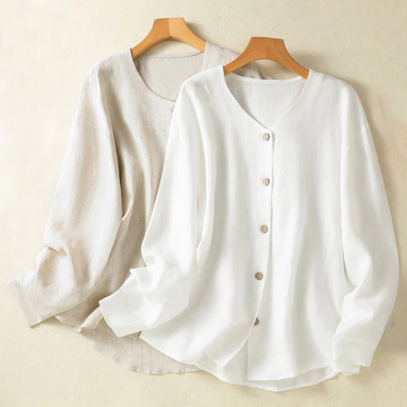 Buddha Stones Spring Plain Buttons Design V-Neck Long Sleeve Women's Cotton Linen Shirt