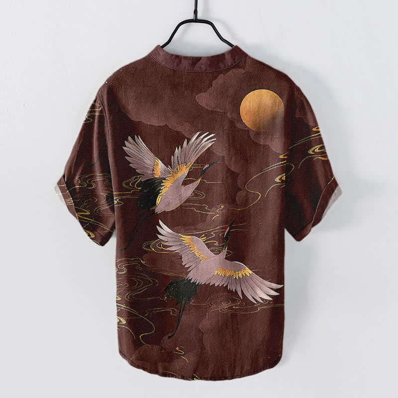 Buddha Stones Cotton Full Moon Crane Pattern Men's Short Sleeve Half Button Shirt