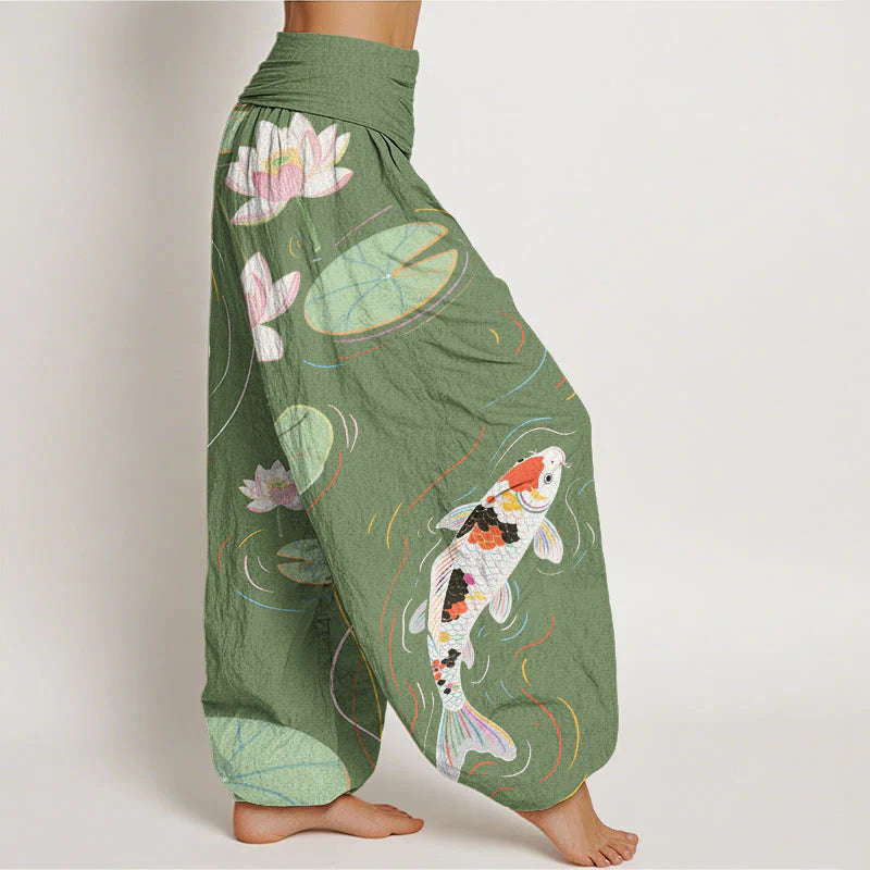 Buddha Stones Cotton Lotus Flower Lotus Leaves Koi Fish Water Ripples Pattern Women's Elastic Waist Harem Pants