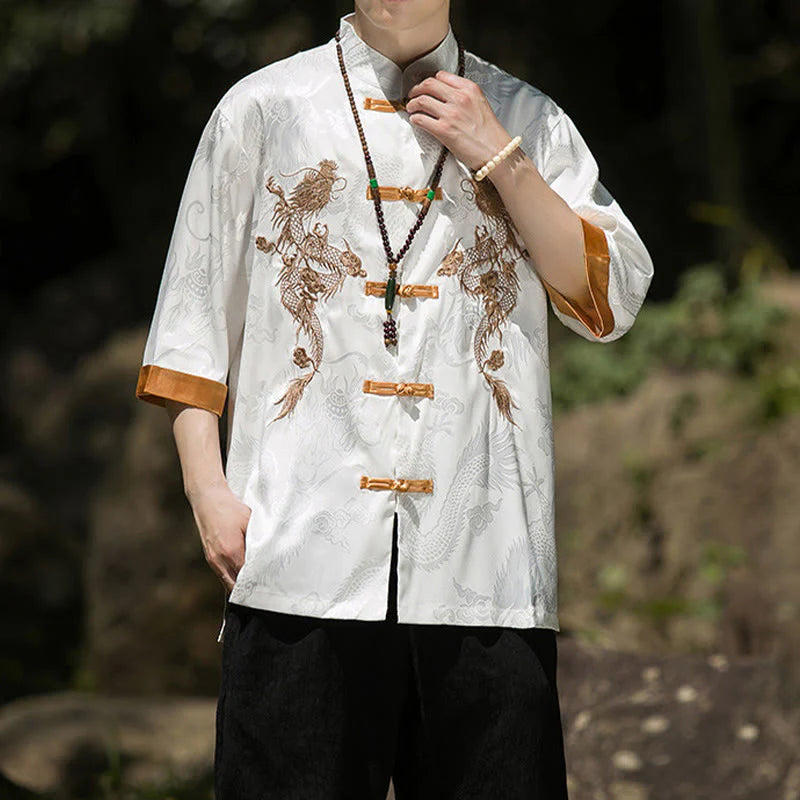 Buddha Stones Embroidered Dragon Pattern Colorblock Design Tang Suit Men's Frog-Button Half Sleeve Shirt