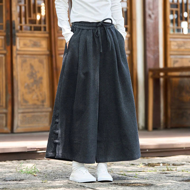Buddha Stones Winter Chinese Frog-Button Design Corduroy Thermal Men's Wide Leg Pants With Pockets