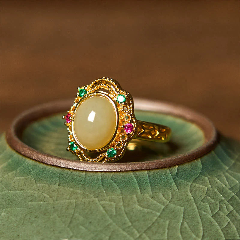 Buddha Stones Natural Hetian Jade Egg Hollow Pattern Copper Open Luck Ring