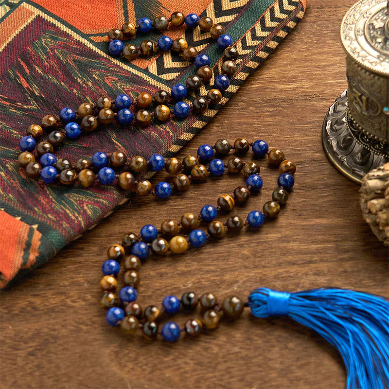 Buddha Stones 108 Beads Natural Stone Tiger Eye Lazurite Lapis Lazuli Mala Tassel Protection Bracelet