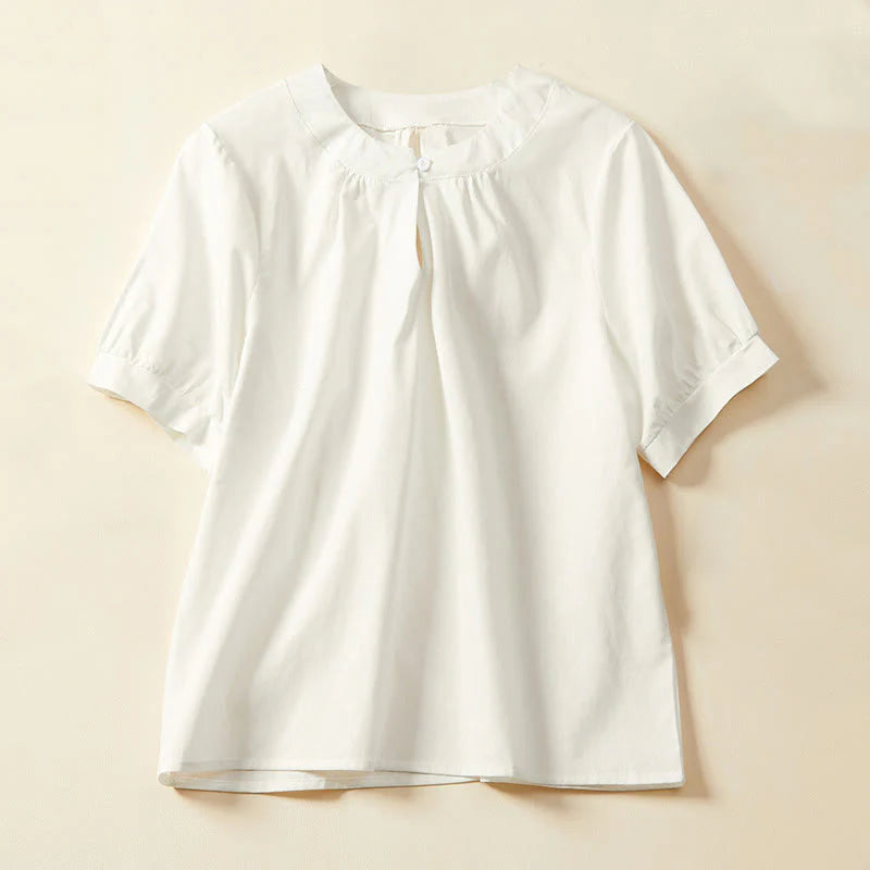 Buddha Stones Casual Plain Button Women's Short Sleeve Cotton Linen T-shirt