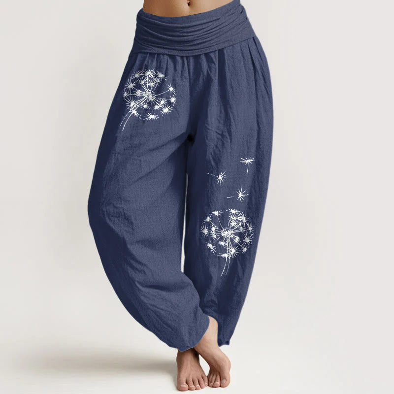 Buddha Stones Pure Cotton Concise Dandelion Pattern Women's Elastic Waist Harem Pants