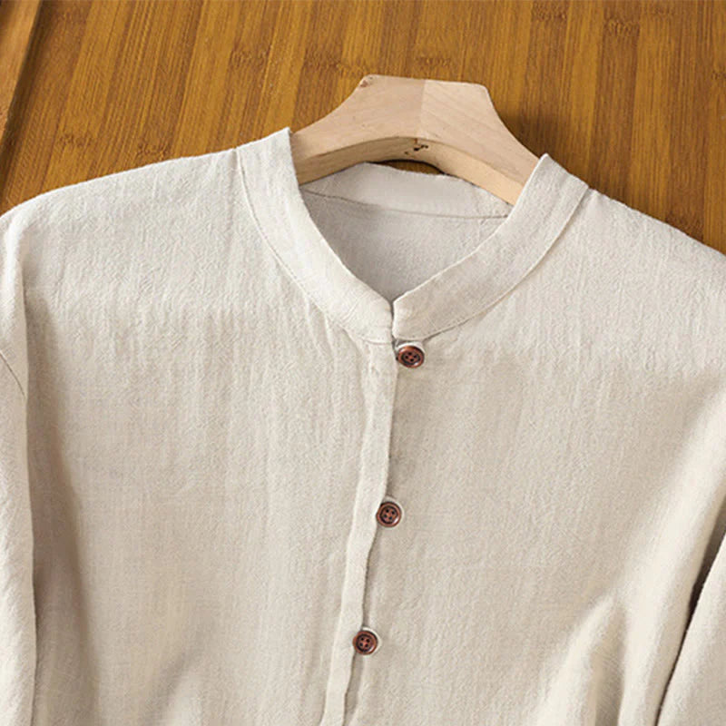 Buddha Stones Spring Solid Color Simple Hem Slit Design Cotton Linen Women's Shirt