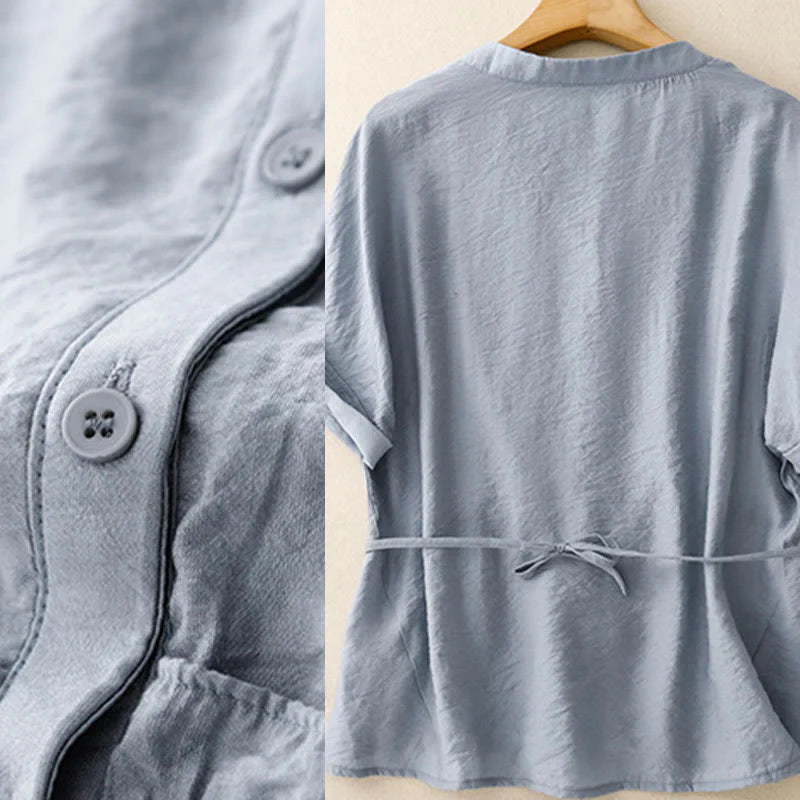 Buddha Stones Summer Button Lace-up Short Sleeve Women's Cotton Shirt