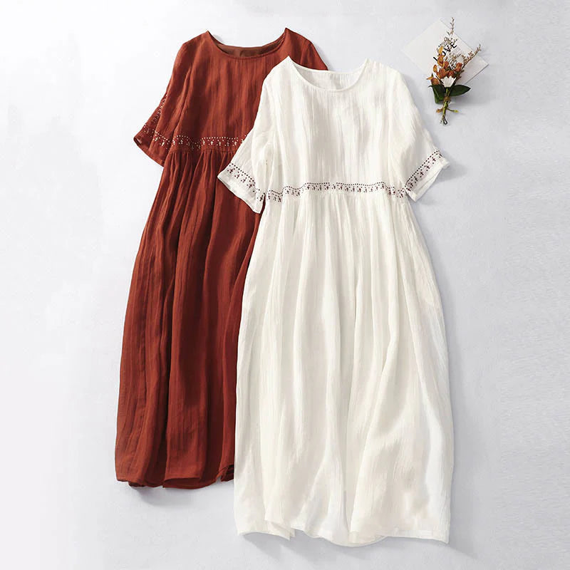 Buddha Stones Solid Color Embroidery Short Sleeve Cotton Midi Dress