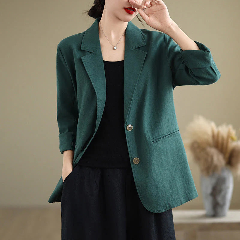 Buddha Stones Spring Solid Color Long Sleeve Cotton Linen Women's Jacket With Pockets