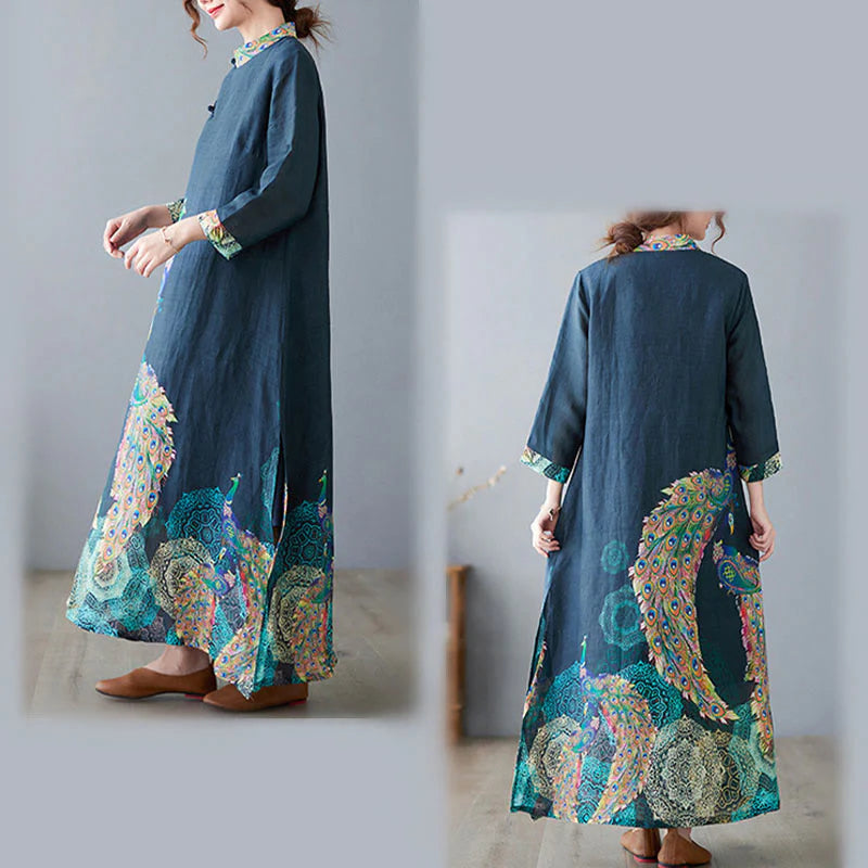 Buddha Stones Fall Colorful Peacocks Mandala Frog-Button Three Quarter Sleeve Cotton Women's Midi Dress