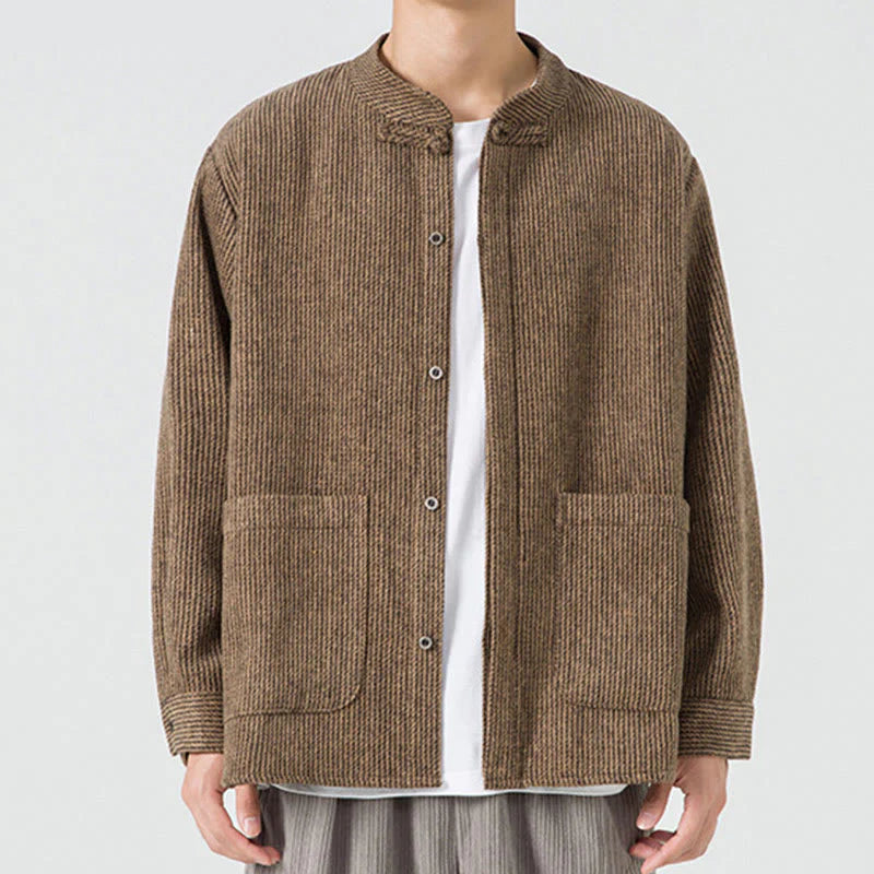 Buddha Stones Solid Color Frog-Button Long Sleeve Men's Cotton Corduroy Jacket With Pockets