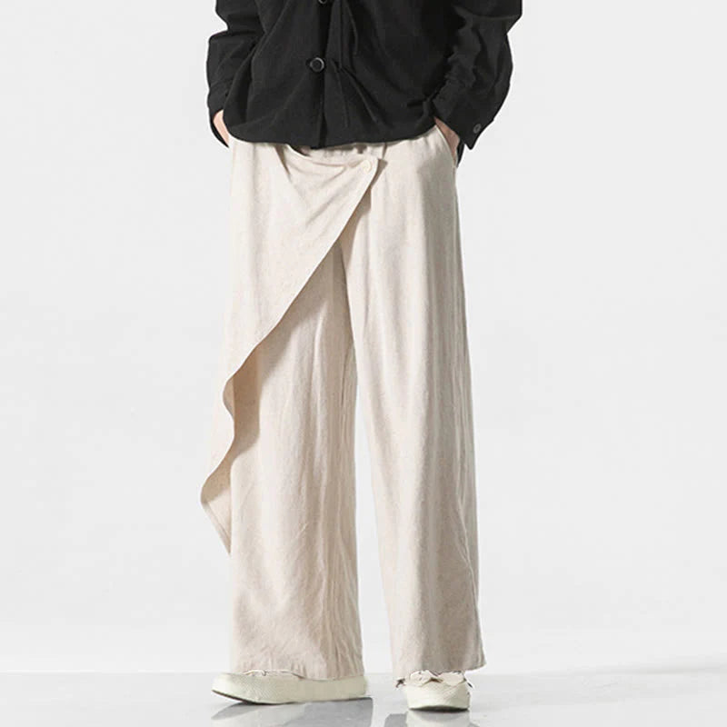 Buddha Stones Asymmetrical Patched Design Plain Men's Cotton Pants With Pockets