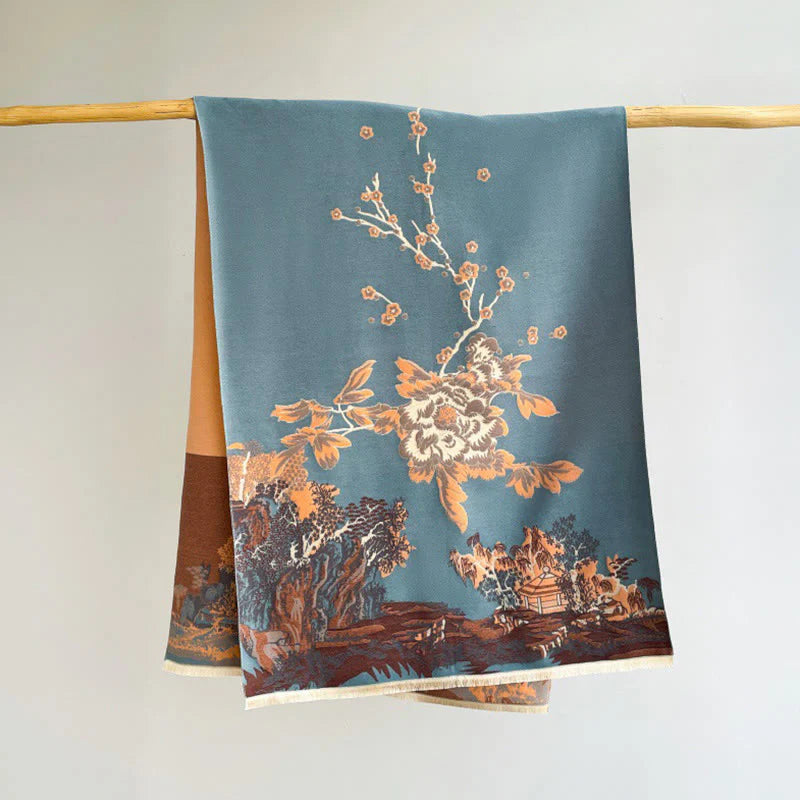 Buddha Stones Fall Flowers Trees Pavilion Pattern Cozy Scarf Shawl