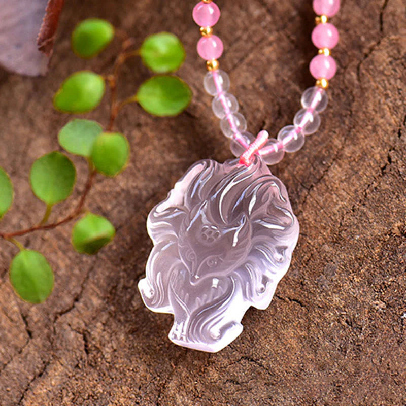 Buddha Stones Natural Pink Crystal Nine Tailed Fox Love Necklace Pendant (Extra 30% Off | USE CODE: FS30)