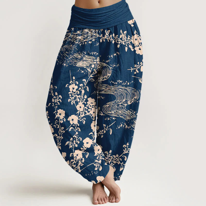 Buddha Stones Pure Cotton Simple Flowers Stream Pattern Women's Elastic Waist Harem Pants