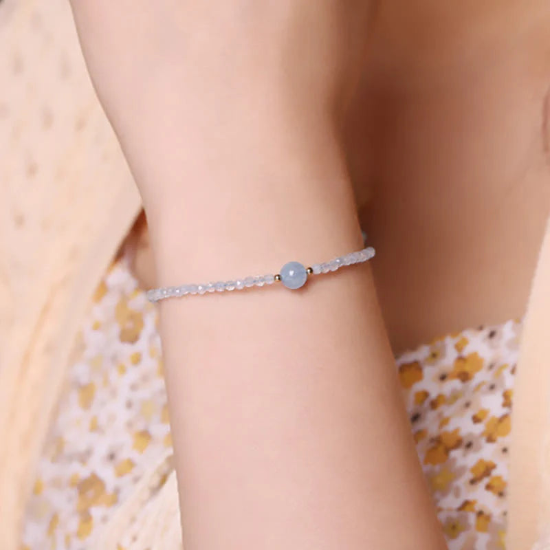 Buddha Stones Natural Aquamarine Ultra-Fine 2mm Faceted Bead Peace Bracelet