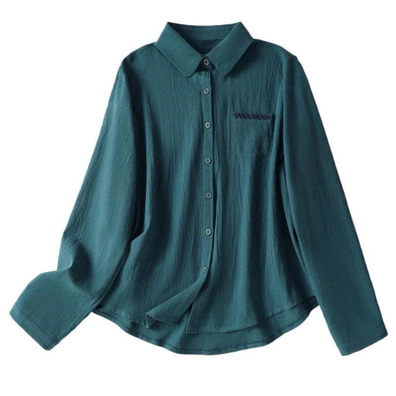 Buddha Stones Women's Spring Retro Plain Simple Embroidery Design Long Sleeve Cotton Shirt With Pocket