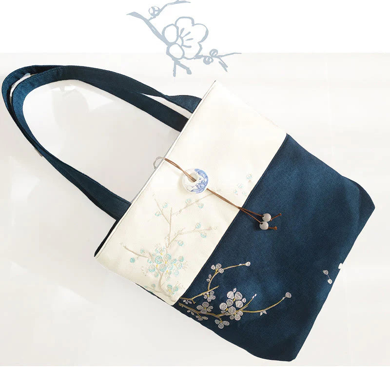 Buddha Stones Pear Flower Plum Peach Blossom Bamboo Embroidery Canvas Large Capacity Shoulder Bag Tote Bag