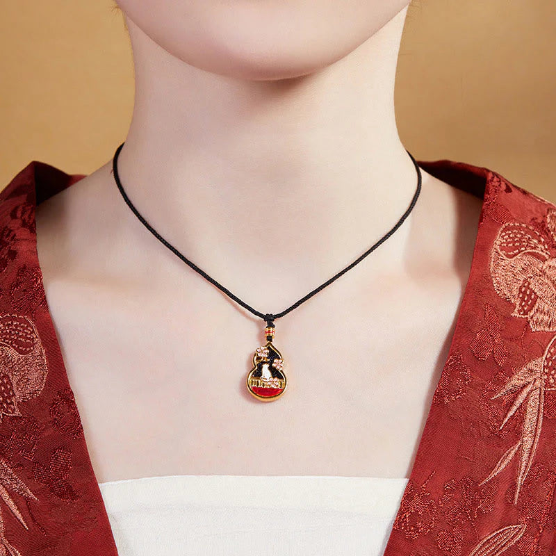 Buddha Stones 925 Sterling Silver Peach Blossom Cat Gourd Pattern Protection Necklace Pendant