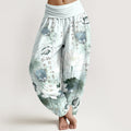 Buddha Stones Pure Cotton Lotus Flowers Fans Calligraphy Women's Harem Elastic Waist Pants