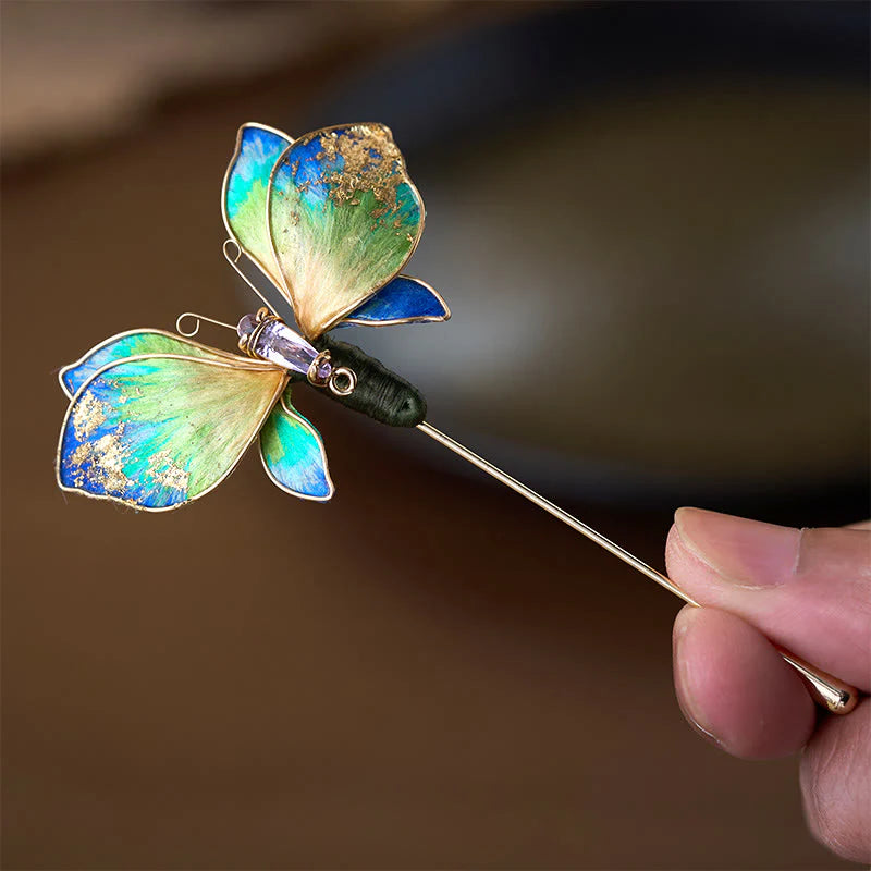 Buddha Stones Handcrafted Silk Art Velvet Flower Blue Green Gradient Butterfly Brooch