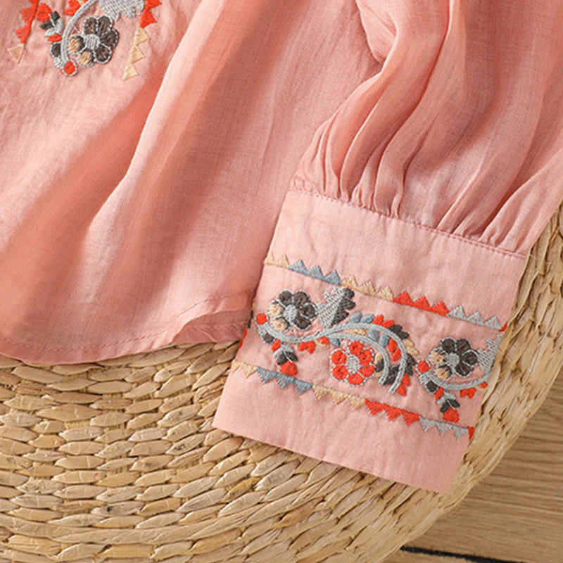 Buddha Stones Vintage Embroidery Single Row Multi-Button Placket Design Women's Cotton Linen Long Lantern Sleeve Shirt