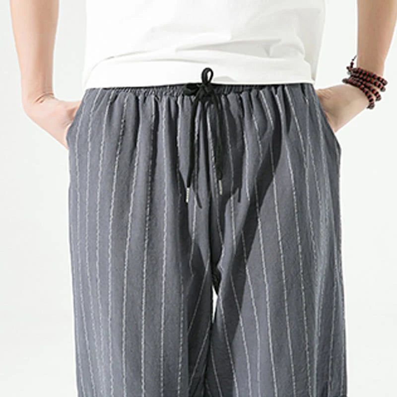 Buddha Stones Casual Plain Stripes Pattern Drawstring Men's 7-8 Length Cotton Linen Harem Pants With Pockets