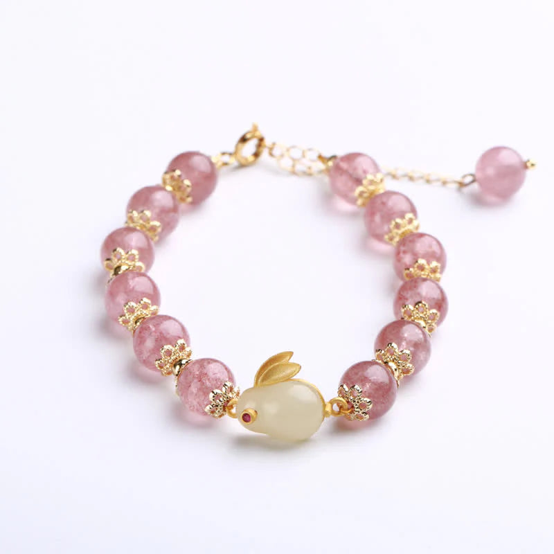 Buddha Stones 925 Sterling Silver Strawberry Quartz Year of the Rabbit Hetian Jade Moonstone Healing Bracelet (Extra 35% Off | USE CODE: FS35)