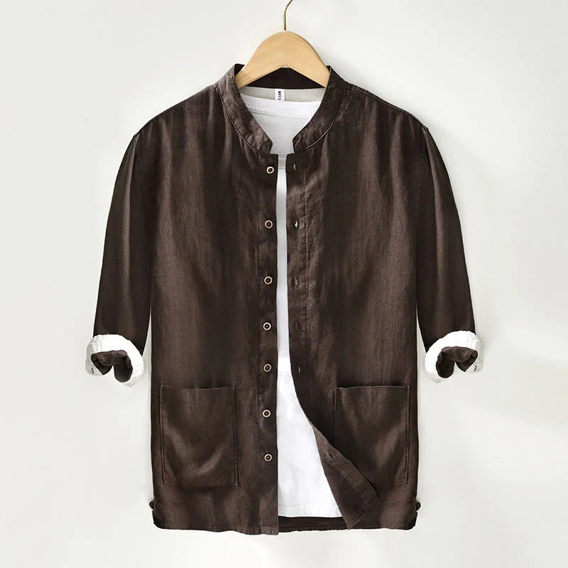 Buddha Stones Fall Solid Color Buttons Down Stand Collar Three Quarter Sleeve Linen Men's Shirt With Pockets