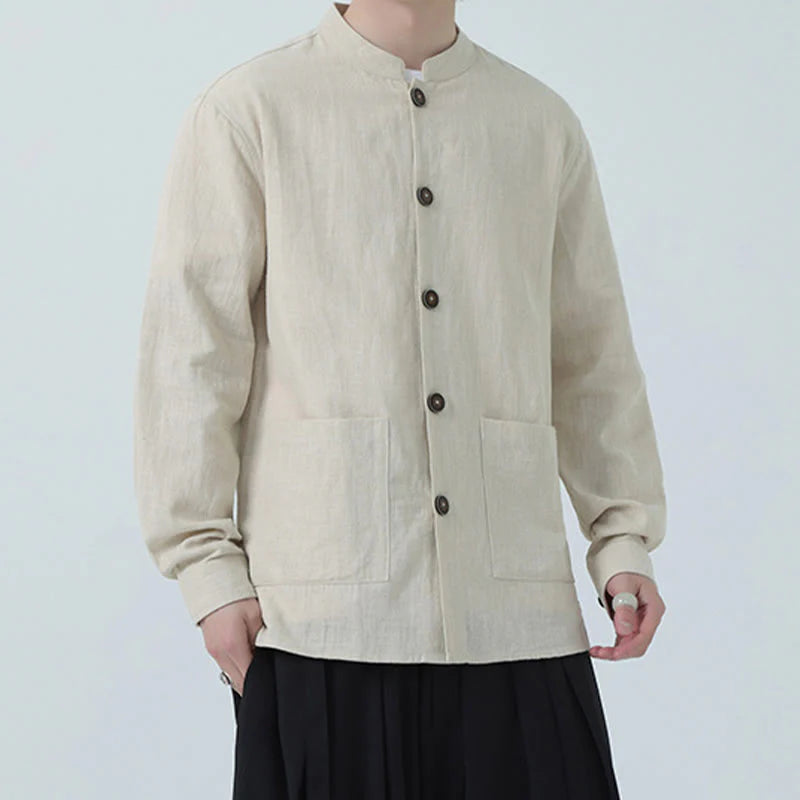 Buddha Stones Men's Button Ramie Linen Cotton Fleece Lined Jacket Shirt With Pockets