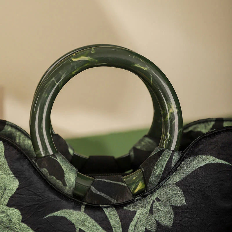 Buddha Stones Black Green Orchids Print Vintage Handbag