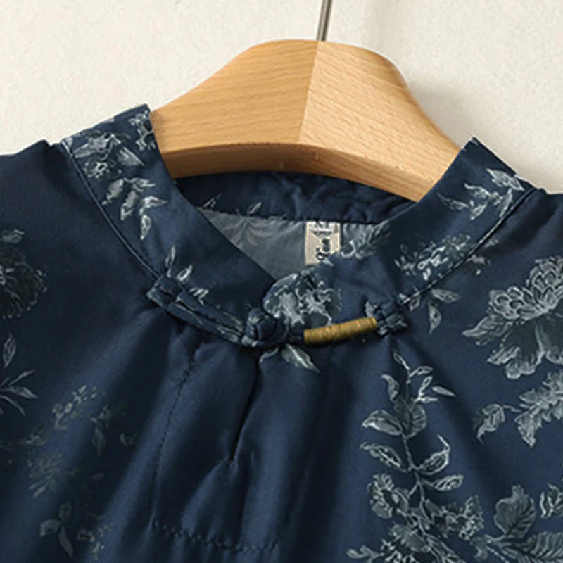 Buddha Stones Stand Collar Frog-Button Floral Print Pattern Short Sleeve Mini Dress