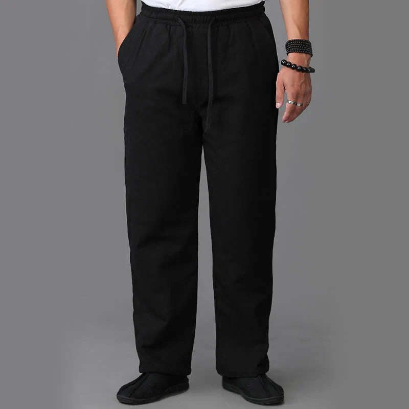 Buddha Stones Winter Men's Fleece Lined Drawstring Linen Pants With Pockets