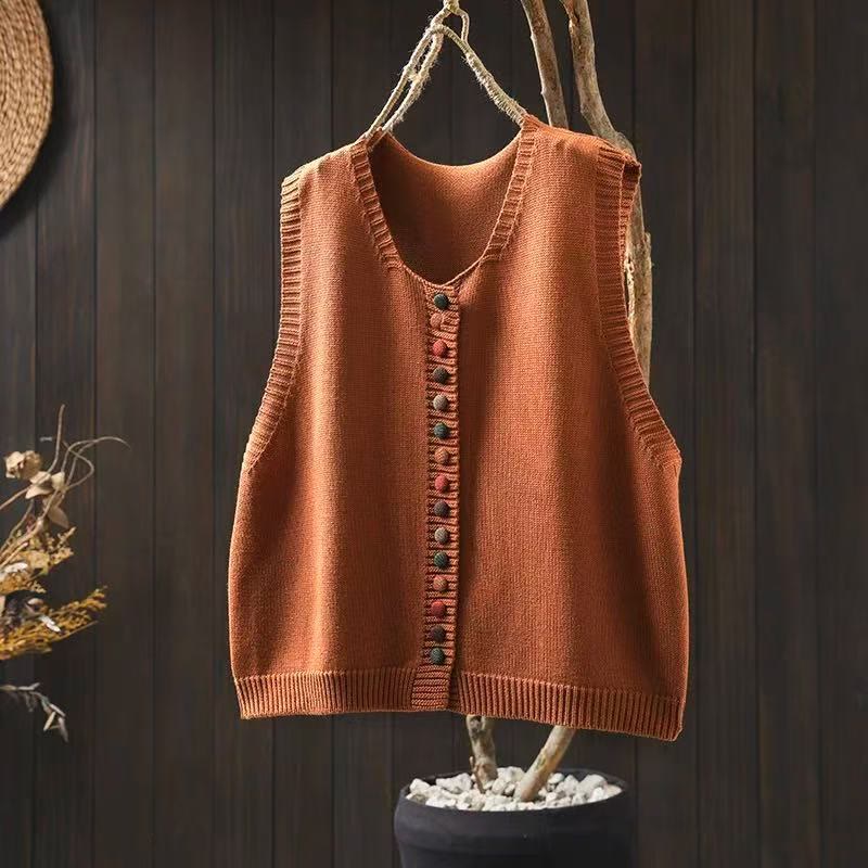 Buddha Stones Colorful Buttons Women's Sleeveless Cotton Knitted Vest Waistcoat
